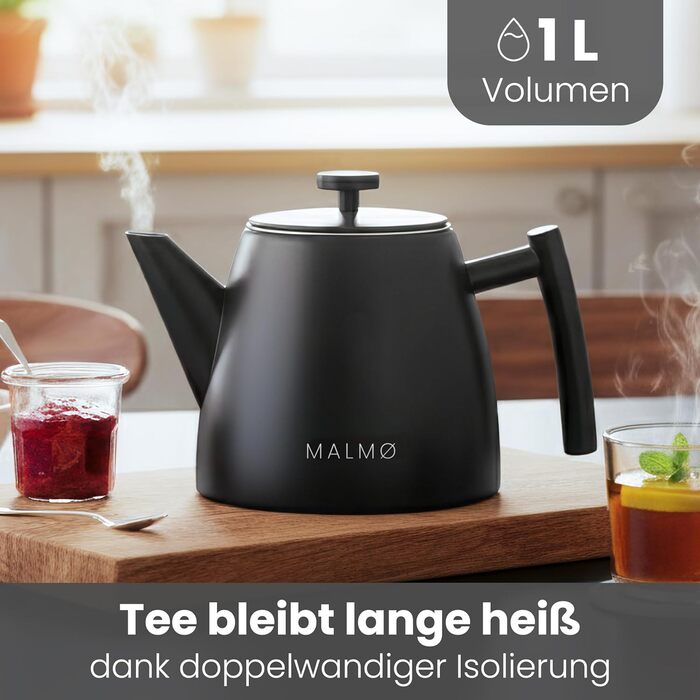 Чайник MALMØ з ситечком - термочайник з подвійними стінками, з нержавіючої сталі 304 - чайник з ситом, 100% без протікань, чорний