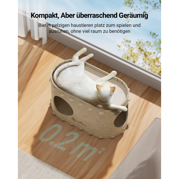 Felt Cat Cave, Felt Cat House, Cat Bed, Cat Cave for Cats, 58 x 33 x 30cm, Peek-a-Boo for Play, Winter-Proof, Nail Protection, Beige