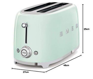 Тостер Smeg TSF02PBEU - 2 відділення для 4 скибочки хліба, 6 рівнів підсмажування, функція підігріву, розморожування та Bagel, знімний піддон, 1500W, пастельно-блакитний (пастельно-зелений)
