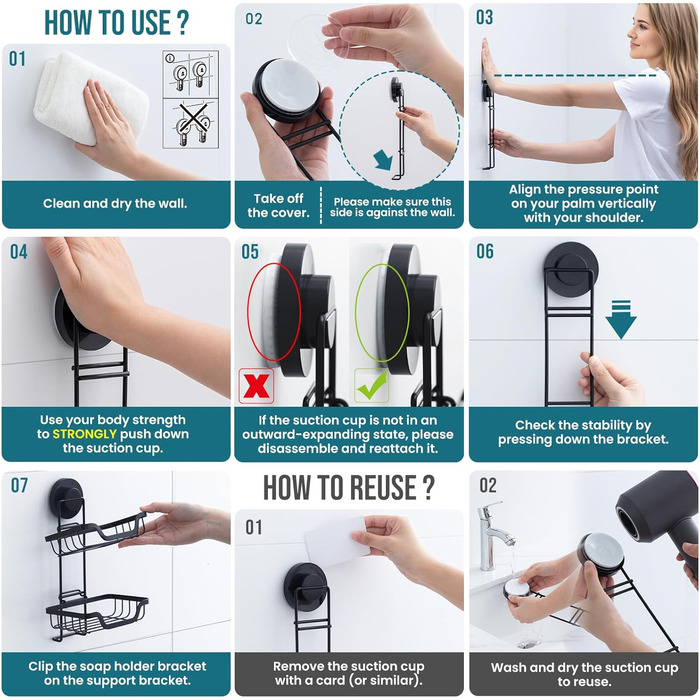 TAILI Shower Soap Dish with Drain and Hook, MAX Hold 5 KG, Stainless Steel Soap Dishes No Drilling Required, Bathroom Soap Holder Wall Mount, Double Soap Holder with Suction Cup, Sponge Holder, Black