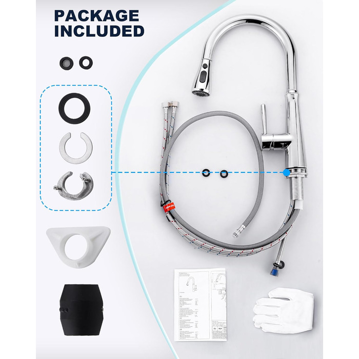 Змішувач кухонний iVIGA висувний з дощувачем, водоспад, 360° поворот, 3 режими, брашований нікель