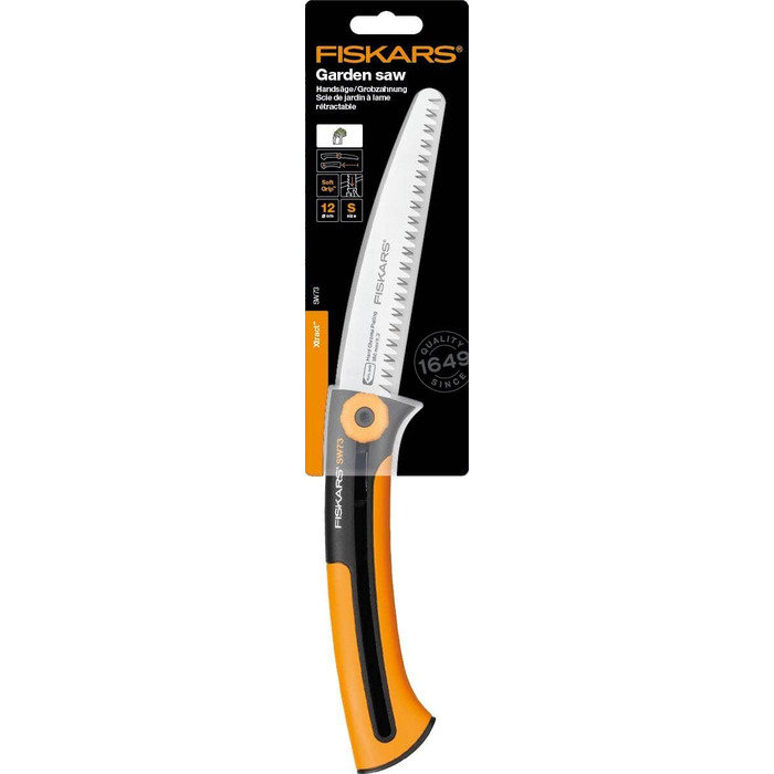 Ручна пила Fiskars Xtract SW73 для свіжої деревини, грубе зубцювання, довжина полотна 16 см, висувна, нержавіюча сталь, чорна/помаранчева, загальна довжина 35 см, модель 1000613