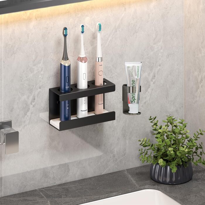 Настінний тримач для електричної зубної щітки з органайзером для пасти, 4 відділення, чорний