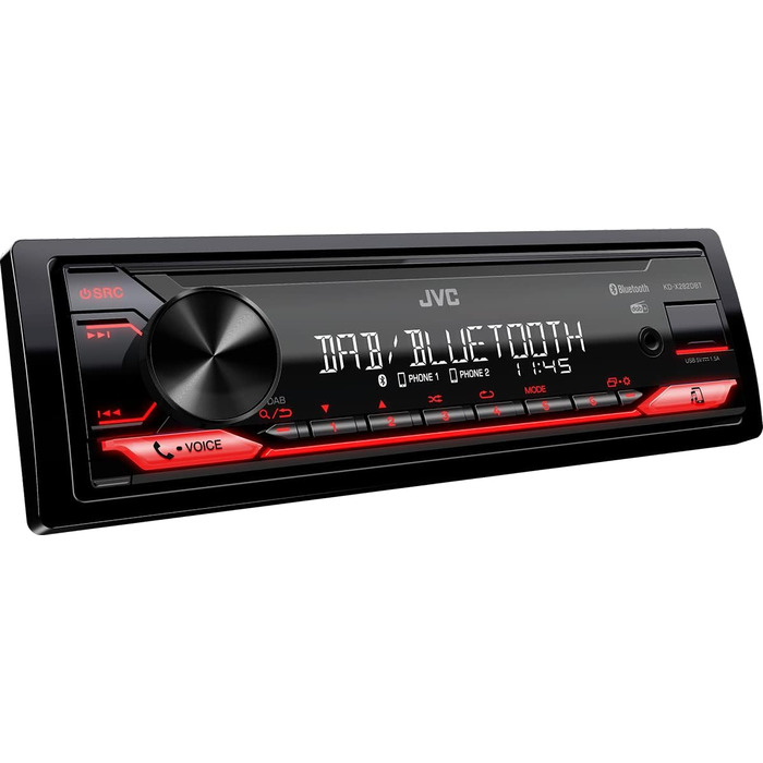 Автомагнітола JVC KD-X282DBT з USB, DAB+, Bluetooth, мікрофоном, AUX, саундпроцесором, 4x50 Вт, червоне підсвічування кнопок