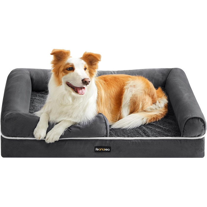 Feandrea Orthopedic Dog Bed, Dog Cushion, Dog Basket, Soft Padding, Dog Sofa, Raised Edges, Removable and Washable Cover, 91 x 71 x 20 cm, Non-Slip Bottom, Dark Grey PGW076G01