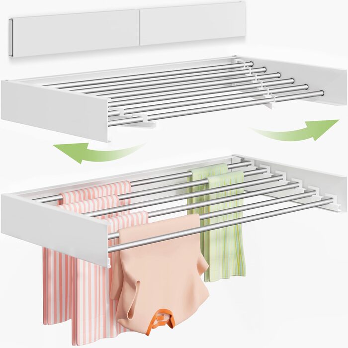 Настінна сушилка для одягу 32' (80 см), Складна, Біла. Для дому, з шаблоном для монтажу