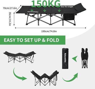 Розкладне ліжко Naturehike для кемпінгу з подушкою, 190 x 70 x 48 см, з утеплювачем, вантажопідйомність 150 кг, портативний шезлонг