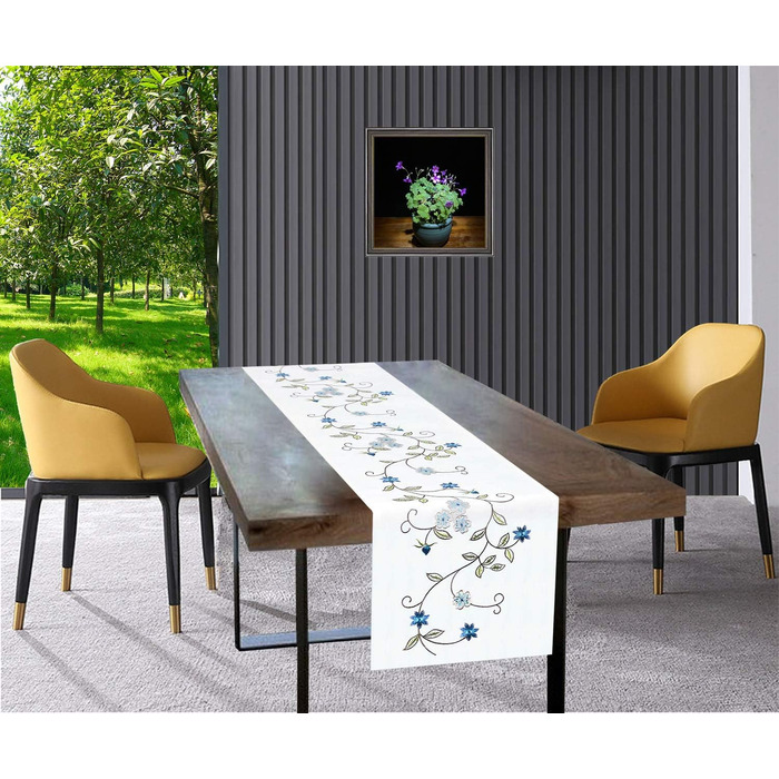 Simhomsen Double Thick Table Runner, Rustic, Embroidered, Floral Pattern, for Spring and Summer, Chest of Drawers, Scarf, Blue, 35.6 x 89.9 cm