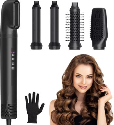 Набір для укладання Journeyside Airstyler: професійна щітка з гарячим повітрям 1000W, 5 насадок, автоматична завивка, випрямляч, для створення об'єму, локонів та випрямлення (чорний)