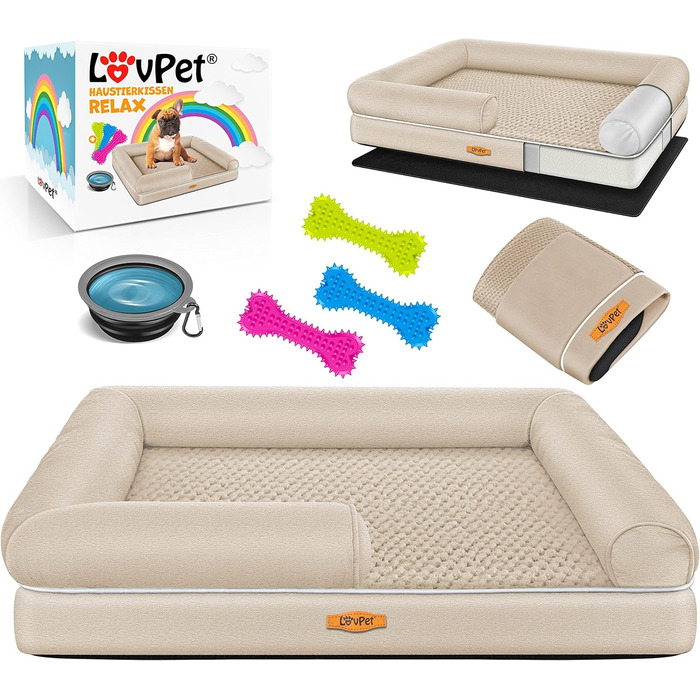 Orthopedic Dog Bed, Dog Cushion, Dog Basket, Relax, Incl. Bowl + 3x Chew Bones, Dog Sofa for Small, Medium & Large Dogs, Removable and Washable Cover, 91x71x22cm (XL (120 x 85 x 25 cm), Beige)
