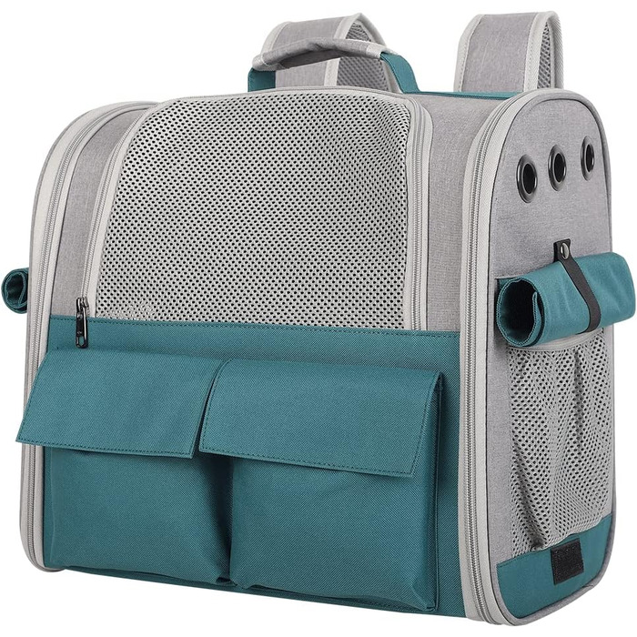 Транспортна сумка для тварин: котів та собак до 10 кг, рюкзак-переноска, велика, з 4 входами, 3 кишені, дихаюча, складана, для подорожей, схвалена авіакомпаніями, універсальний розмір (зелений)