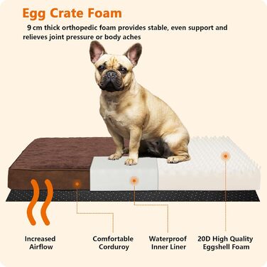 HMTOPE Orthopedic Dog Bed, 10cm Thick Dog Cushion for Medium and Large Dogs, Removable and Washable Dog Mat, Non-Slip Bottom, Waterproof Inner Lining, 112 cm, (L 91 x W 56 x H 9 cm, Brown)