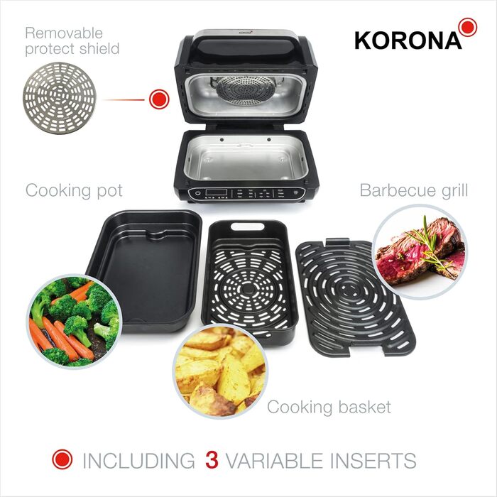 Аерогриль та гриль Korona 46160, 6 л, 8 функцій: фритюрниця, духовка, піца-піч, дегідратор, обсмажування, барбекю, 4 режими приготування, гриль-решітка, кошик, каструля