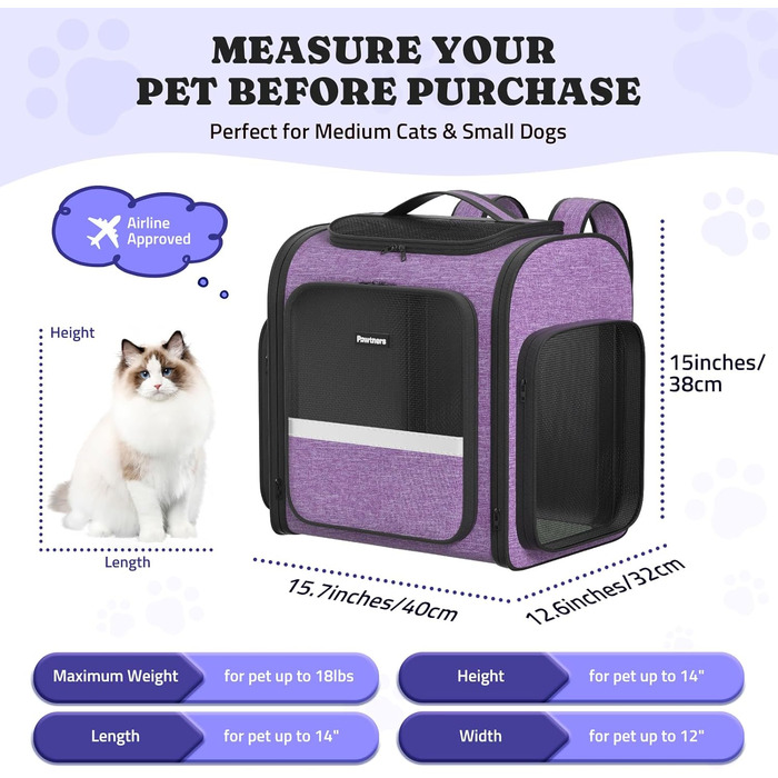 Рюкзак-переноска для котів Pawtners з розширеним тунелем для ігор, дозволений авіакомпаніями, для маленьких собак та великих котів до 11,3 кг, складаний рюкзак для подорожей з котами (Ліловий, 15.7'L x 12.6'W x 15.0'H)