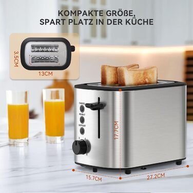 KitchenBoss 2-Slice Toaster: Toaster with bun rack and crumb tray, 6 browning levels, stainless steel toaster with automatic shut-off, defrost function, and reheat function, 870W