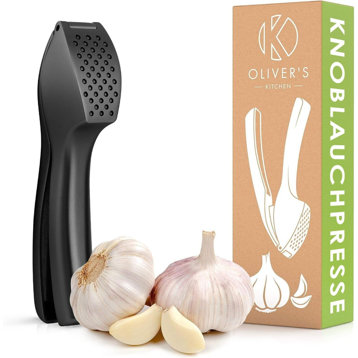 Преміум-прес для часнику Oliver's Kitchen® - Ручний, Легкий у митті, Подрібнює часник та імбир (не потребує очищення) - Міцний, Матовий чорний