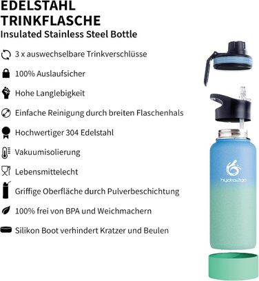 Stainless Steel Water Bottle – BPA-Free Thermo Bottle for Kids, School, Sports & Outdoor – Keeps Drinks Hot for up to 12H and Cold for up to 24H – Includes 3 Drinking Caps – (Lagoon, 950 ml)