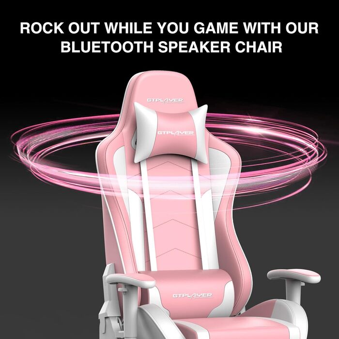 Ігрове крісло GTPLAYER з підставкою для ніг, Bluetooth-колонками, ергономічне, комп'ютерне, регульована спинка, навантаження до 150 кг, рожеве