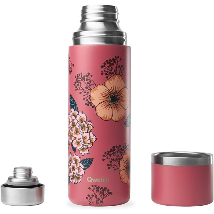 Qwetch Stainless Steel Thermos Flask 750ml - Insulated Water Bottle & Coffee Thermos with Recycled Stainless Steel Cup - 24h Cold & 12h Hot - Leakproof, BPA-Free, Perfect for Coffee & Tea - Brushed Stainless Steel (750 ml, Anemone Design)