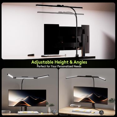 Настільна лампа для робочого столу з 3 джерелами світла, 24W, 100см, денне світло, з пультом дистанційного керування, регульована яскравість, лампа для монітора, модель «Лебідь», матовий чорний колір