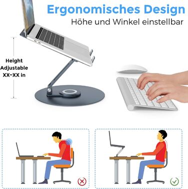 Підставка для ноутбука з поворотним основанням на 360°, регульована по висоті, ергономічна, з вентиляцією, складна, стабільна, з алюмінію, темно-сіра