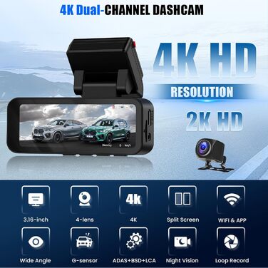Відеореєстратор CAMECHO 4K Dual (передній + задній) з GPS, WiFi, ADAS, BSD, LCA, нічна зйомка, 150° кут огляду, IPS 3.16