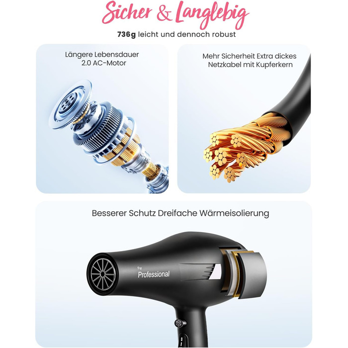 Dekuri Professional Ionic Hair Dryer with Diffuser & Styling Nozzles - 3 Heat & 2 Speed Settings, 2.5m Cord - Powerful Hair Dryer for Family Use (Black)