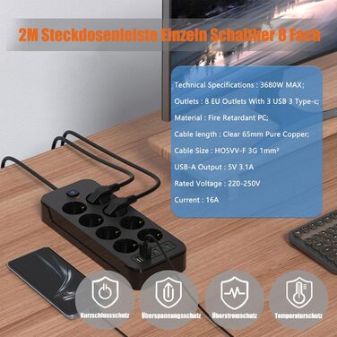 Мережевий фільтр AOUOO 8 розеток з вимикачем, 2м кабель, 3USB/3Type-c (5V/3.1A), 250V/16A, захист від перенапруги 3840W, чорний