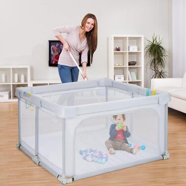 COSTWAY 124 x 124cm Baby Playpen, foldable, portable playard with 50 balls, 4 handles, locking function, crawling gate with net walls & door, playpen tent for infants & children (Light Grey)
