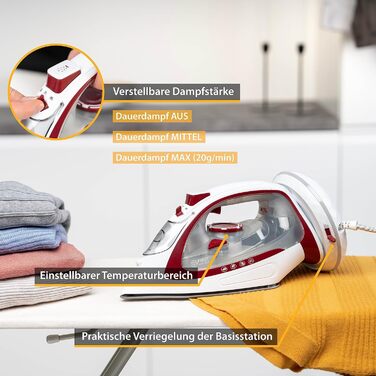 Пароочищувач TZS First Austria 2400W бездротовий з базою, керамічна підошва, вертикальне прасування, 450 мл резервуар, регулювання температури та інтенсивності пари, захист від протікання (білий/червоний)
