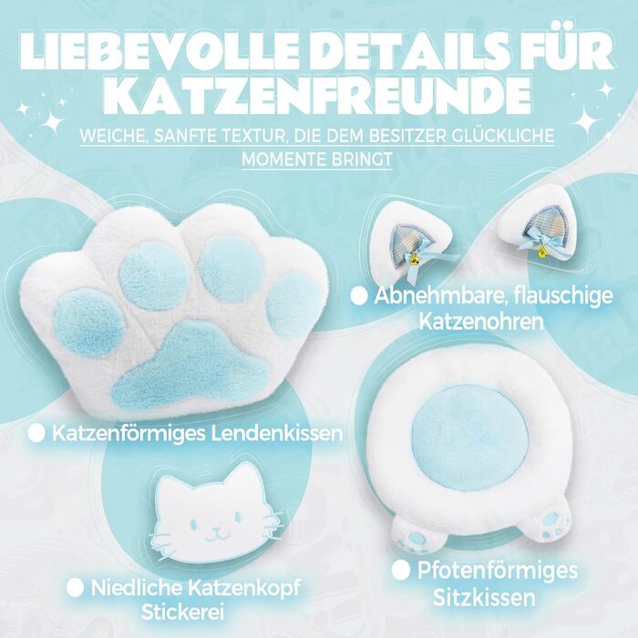 Ігровий крісло Dowinx з підніжкою, ергономічний, з дизайном лапок кота, тканинний, без крил, регульований, для дорослих, блакитний