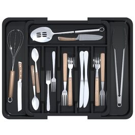 Органайзер для столових приборів в шухляду 40 см, чорний, пластиковий, з регульованими перегородками (6-8 відділень)