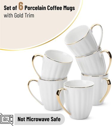 BTaT - White Coffee Cups, Set of 6, 340 ml, White Porcelain with Gold Rim, Coffee Cup Set, Hot Chocolate, Ceramic Mug, Large Cups for Coffee, Hot Cocoa Cups, Coffee Cup Set amic