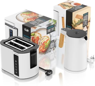 Набір Arendo: чайник з регулюванням температури та тостер на 4 скибочки з підігрівом для булок – нержавіюча сталь, білий матовий