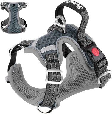 Шлейка для собак маленьких та середніх порід, Air Mesh дихаюча, з м'якою ручкою та замикаючими карабінами, анти-вислизаюча, світловідбиваюча, для цуценят (Сірий, M)