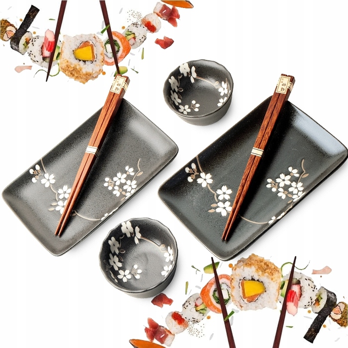 Набір керамічного посуду для суші Edo Japan Anemone Black, чорний у квітів, на 2 особи