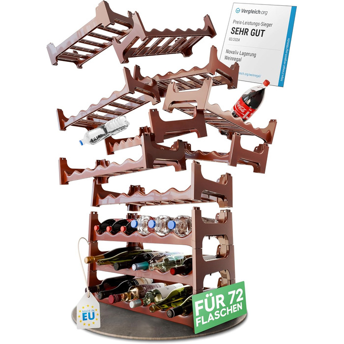 Novaliv Brown Modular Bottle Rack for 72 Wine Bottles - Stackable, Expandable, Robust - Ideal for Wine Storage in Cellars, Restaurants & Homes, Drinks Cabinet, Stackable Wine Rack