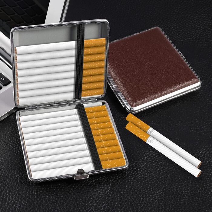 Чохол для сигарет зі шкіри та металу на 20 сигарет (3 шт.), шкіряна сигаретна коробочка, металева сигаретна коробка, 10 * 9.5 * 1.9 см (Чорний) (2 шт/Чорний+Коричневий)