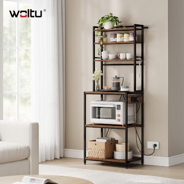 Кухонна полиця WOLTU з 6 ярусами та розетками, мікрохвильова полиця з 6 гачками, полиця пекаря з металевим каркасом, регульовані полиці, Чорний+Рустикальне коричневий, 60 x 167 x 40 см, Чорний+Вінтажний коричневий 60 x 39,5 x 167 см