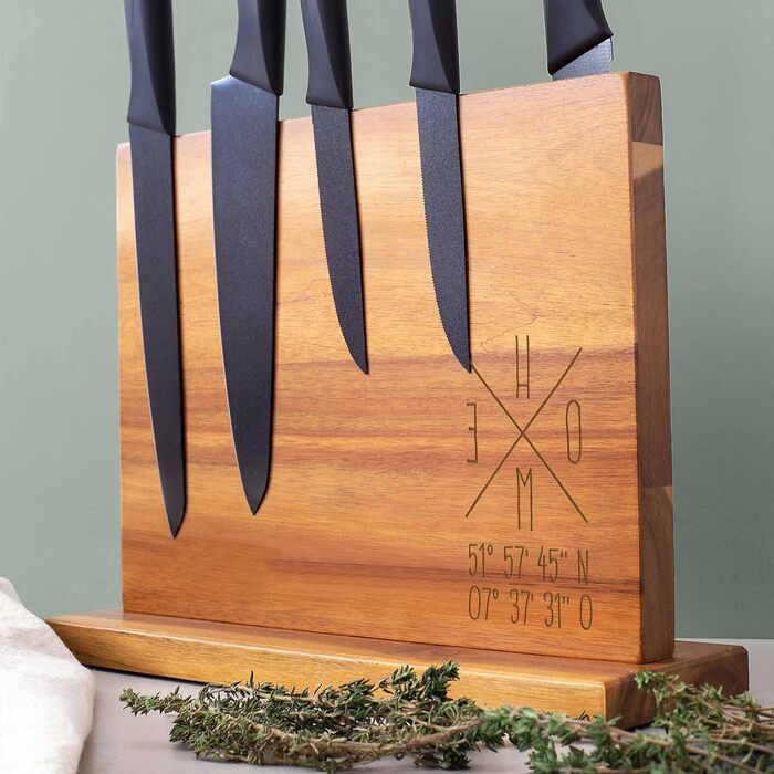 Personalized Magnetic Knife Block made of Acacia Wood - Without Knives - 32 x 25 x 10.5 cm - Stable Base - Individual Engraving - Gift for Birthday, Mother's Day, Housewarming - Wooden Knife Holder (Home)