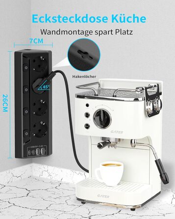 Мережевий адаптер з захистом від перенапруги Eck з USB-C, 6 розеток, 2м кабель (4000W, 16A), розподільний блок для кухні, офісу (4 розетки, чорний)