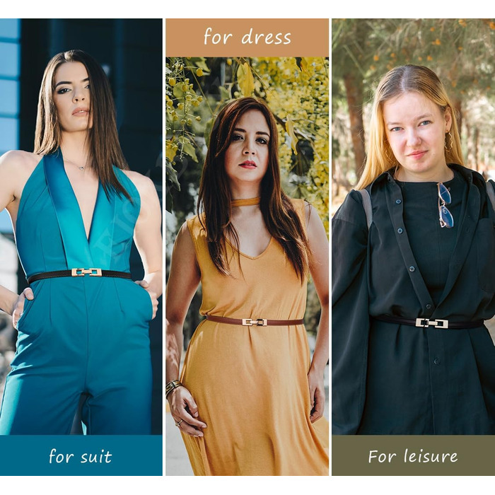 Жіночі шкіряні ремені (2 шт.) - тонкі, з золотою пряжкою для суконь та пальто (чорний+білий)