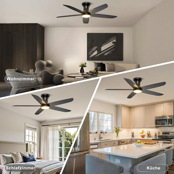 Стеляний вентилятор Ohniyou з підсвіткою та пультом дистанційного керування, 117 см, керування через додаток, регулювання яскравості, тихий DC-двигун, для спальні, тераси, кухні, чорний