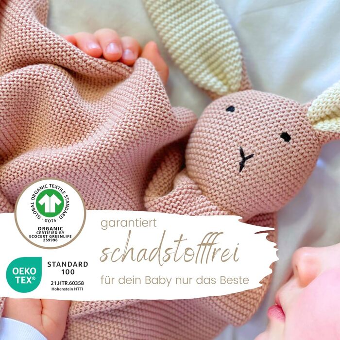 Дитяча ковдра DIKOS® «SCHMUSE-HASE» рожевого кольору | 100% органічна бавовна | Еко плед для новонароджених дівчаток | В'язана ковдра для коляски | Подарунок на народження