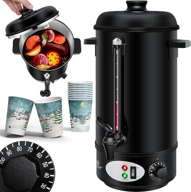 KESSER® Mulled Wine Boiler 8L Stainless Steel Incl. 10 Cups Mulled Wine Cooker with Thermostat Mulled Wine Dispenser Hot Beverage Dispenser Water Boiler Hot Water Dispenser Canning Device Level Indicator Tap Black