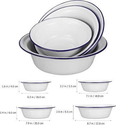 BESTonZON 4-Piece Enamel Soup Bowls, Enamel Basin, Enamel Bowl, Grease Pot with Lid, Enamel Mixing Bowl, Enamel Dishware, Four Sizes, Salad Bowl, Ramen Bowl