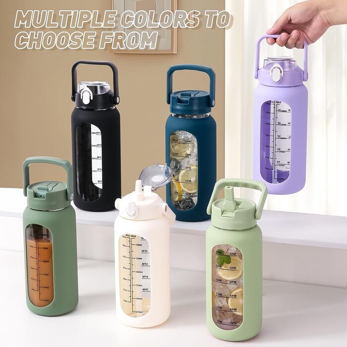 2L Glass Water Bottle with 2 Lids Flip and Go Lid 2 Liter Large Water Jug with Time Marker and Silicone Sleeve BPA-Free Leakproof for Sport Gym, Dark Blue