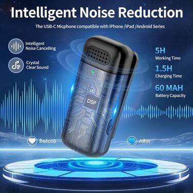 Бездротове мікрофон з кейсом для зарядки iPhone, iPad, Android, USB-C. Лавалерний мікрофон з шумозаглушенням для запису, YouTube, Facebook, TikTok, Vlog, Livestream, Plug and Play
