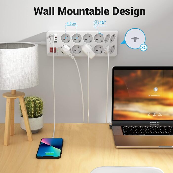 Мережевий фільтр 12-разовий з USB-C, перенапруження до 1700 Дж, з вимикачем, 4 USB-порти, 10 розеток, чорний, для кріплення на стіну, 1,5 м