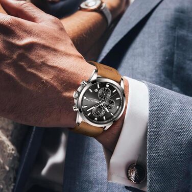 Чоловічий годинник MEGALITH з нержавіючої сталі, хронограф, водонепроникний, великий аналоговий годинник для бізнес-стилю, з календарем та світловим покриттям, коричневий/срібний